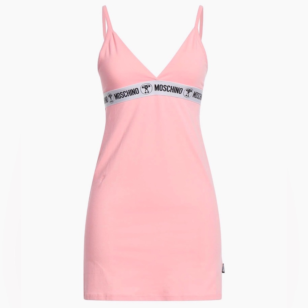 NWT Moschino Pink Mini Slip Dress Logo Appliqués Underwear Brand New - Picture 1 of 16